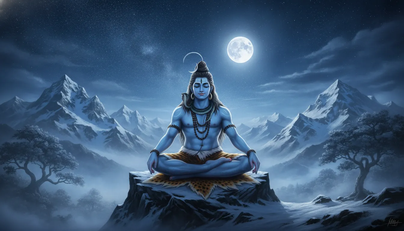 Lord Shiva meditating under a clear starry night sky with a bright crescent moon over the peaks.