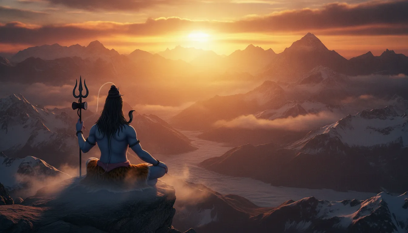 Lord Shiva meditating on a high cliff during a vibrant golden sunset in the Himalayas.