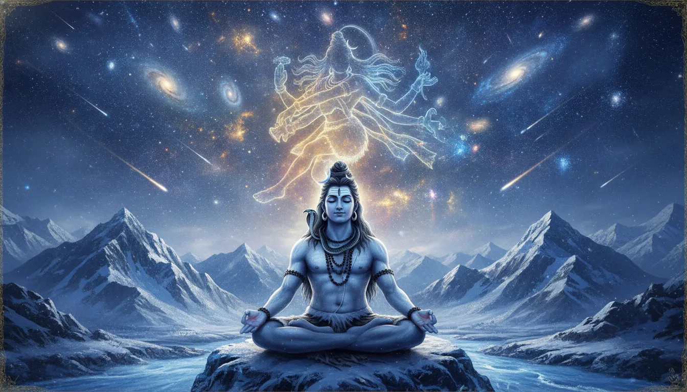 Lord Shiva meditating with a faint, glowing cosmic silhouette of the Nataraja dance behind him.