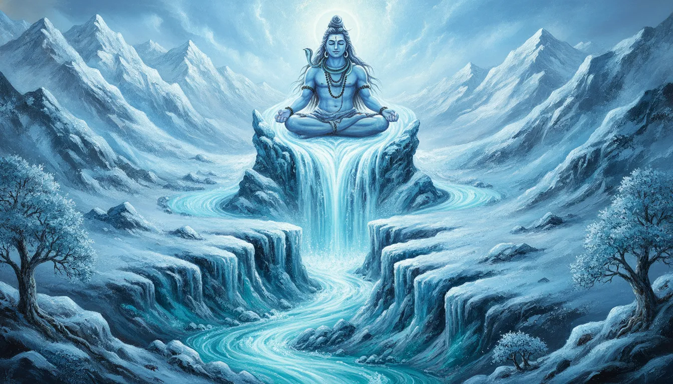 The holy river Ganga flowing down from the hair of meditating Lord Shiva into Himalayan valleys.