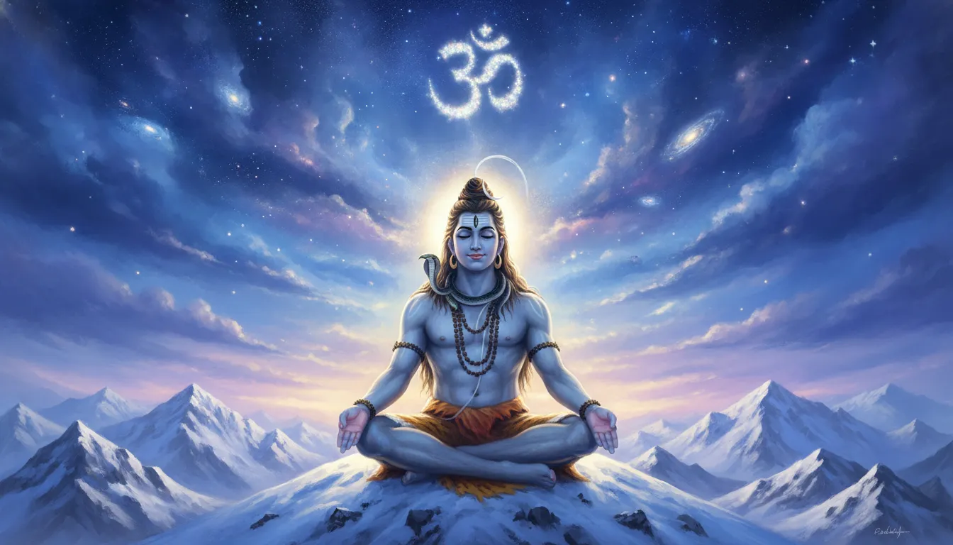 Lord Shiva meditating on a snowy peak of Mount Kailash with a glowing third eye.