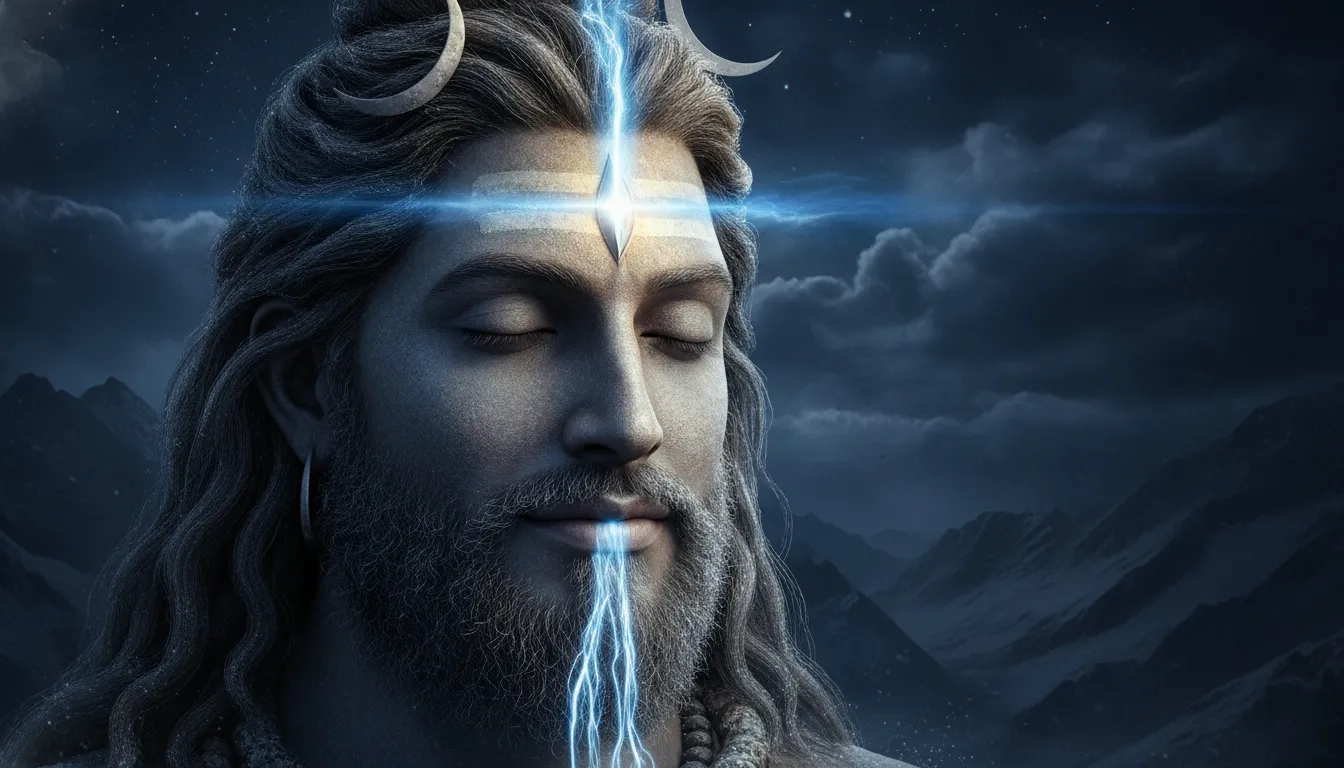 Close-up artwork of Lord Shiva meditating in the snowy mountains with a glowing blue third eye.
