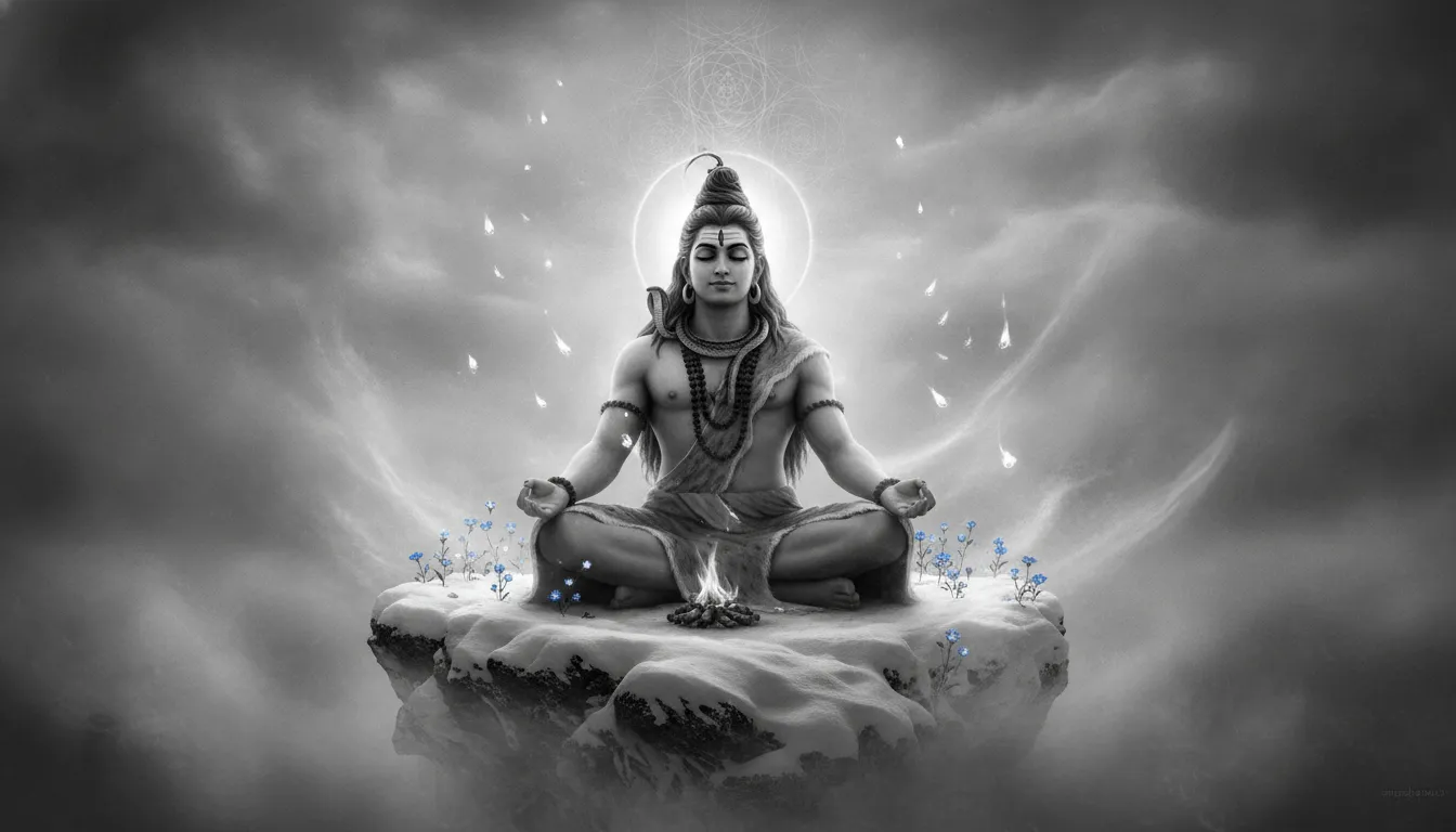 Lord Shiva meditating surrounded by glowing spiritual aura, fire embers, and mountain flora.