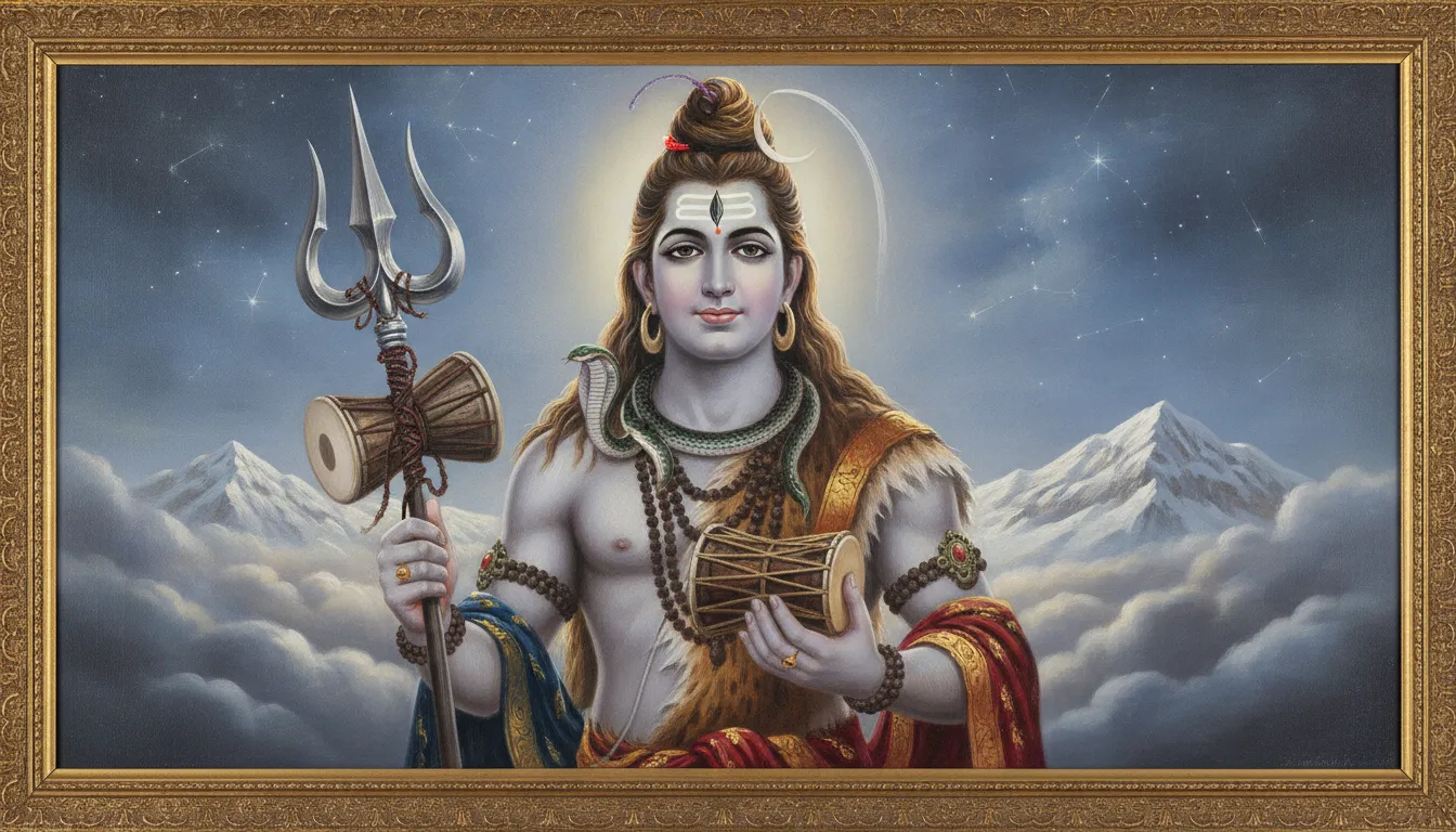 A traditional portrait painting of Lord Shiva holding his sacred trishul and a small wooden damru drum.