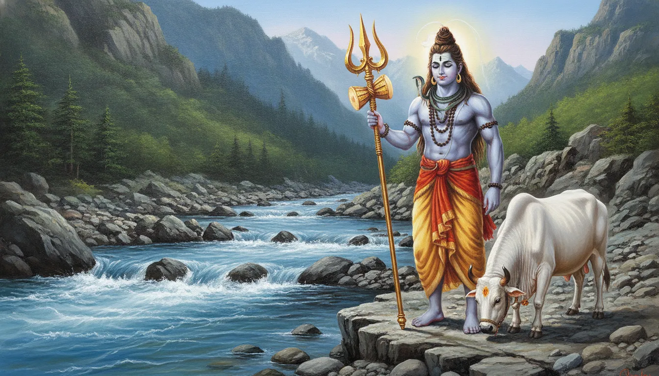 Lord Shiva standing proud with a golden Trishul while Nandi drinks water from a flowing Himalayan river.