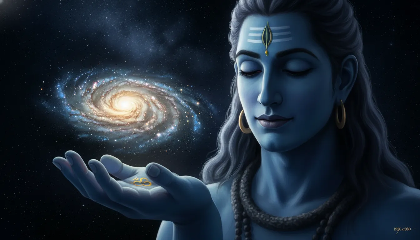 Close-up of Lord Shiva holding a tiny, rotating spiral galaxy gently in his open palm.