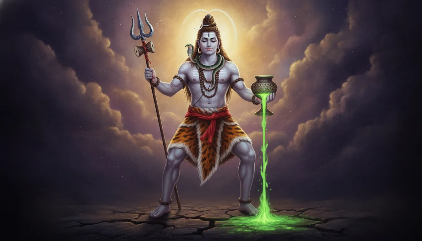 Lord Shiva standing with his Trishul while holding a small bowl containing green glowing liquid.