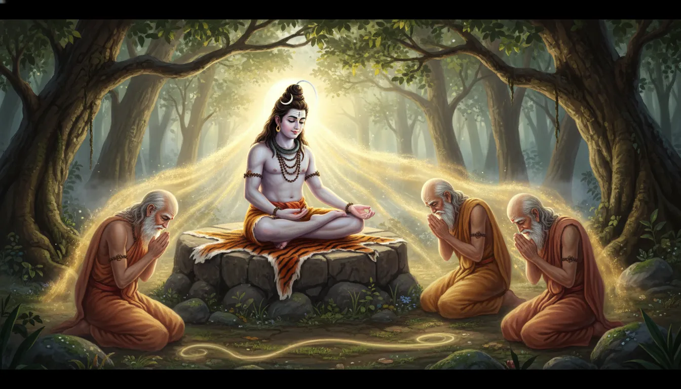 Lord Shiva casting a golden spiritual glow upon the four elderly sages during an open-air forest sermon.