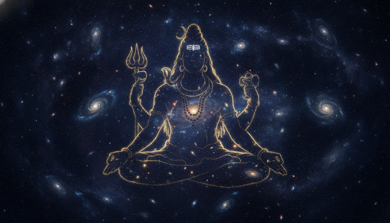 A massive golden cosmic silhouette of Lord Shiva spanning across the universe.