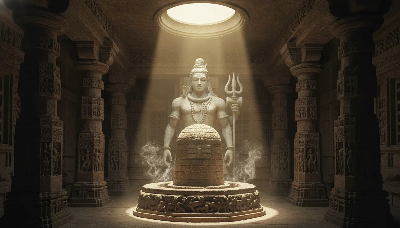 Lord Shiva appearing in physical form behind a massive, ancient stone Shivling inside a historic rock-cut temple sanctuary.