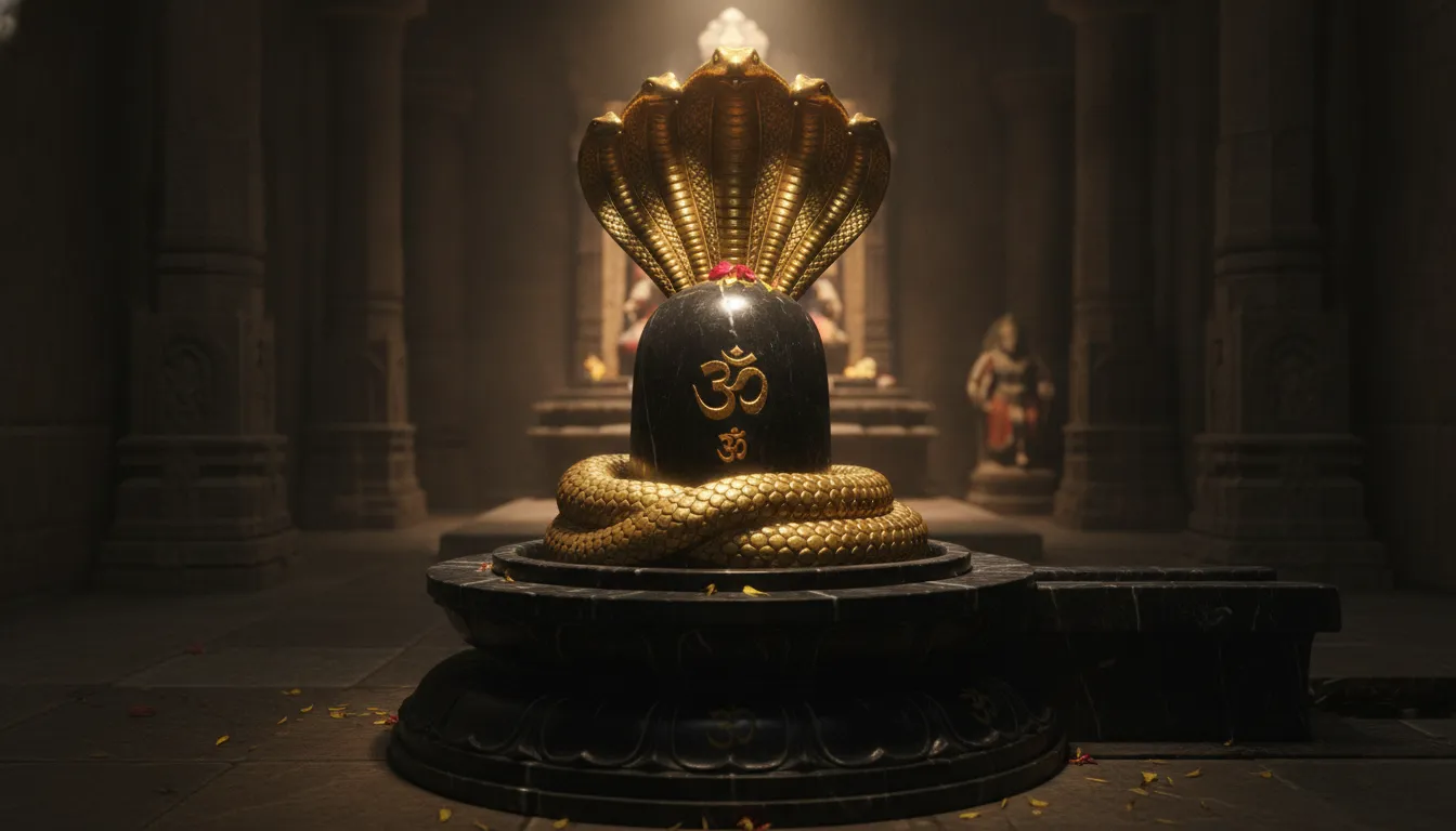 A majestic black stone Shivling surrounded by a detailed five-headed golden cobra acting as a protective canopy