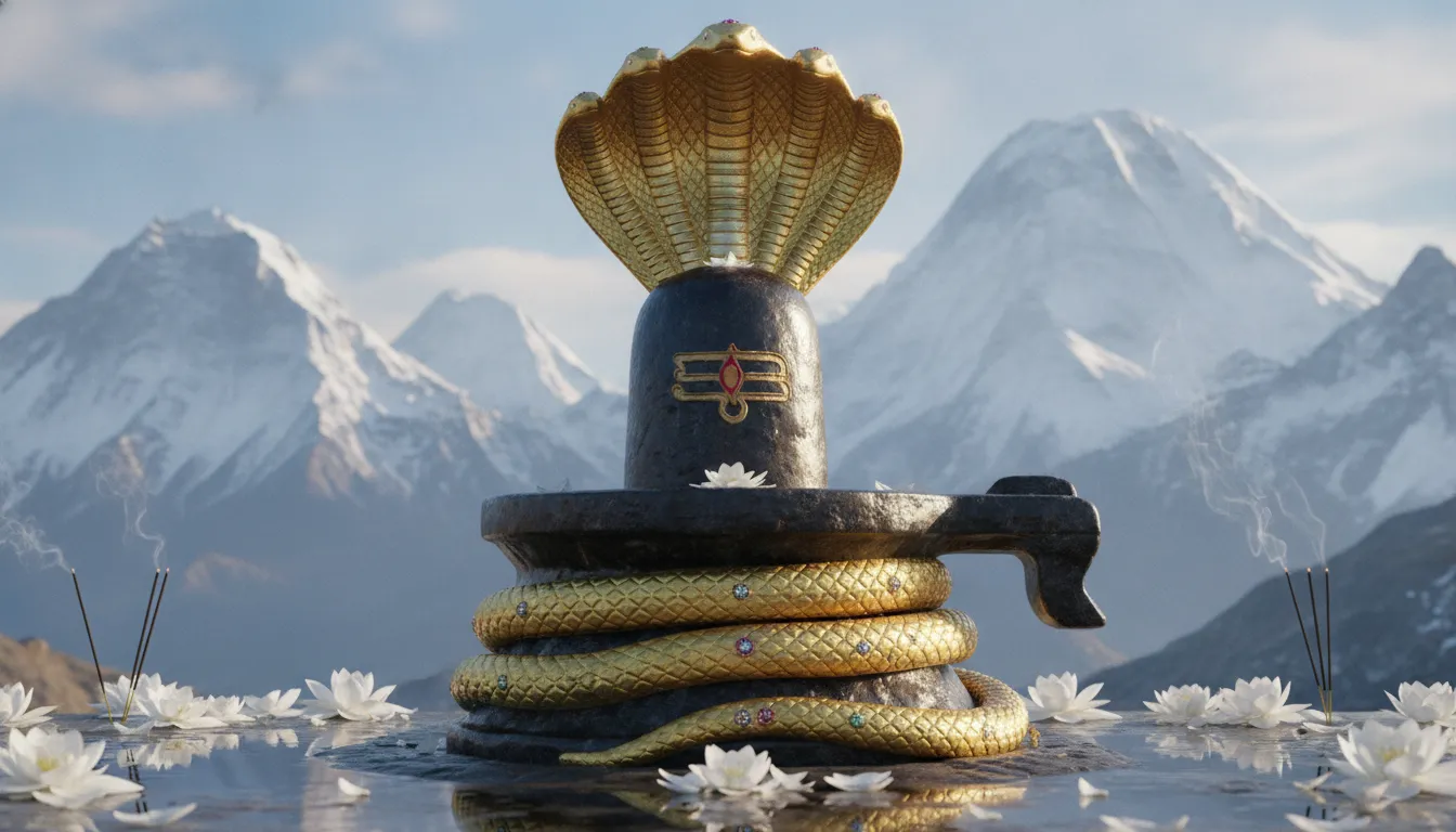 Full HD image of Shivling with a golden snake wrapped around it in the Himalayas.