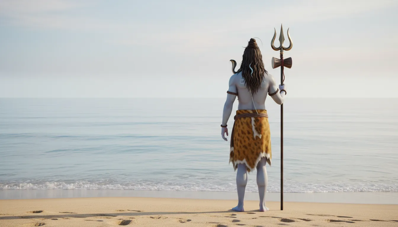 Lord Shiva viewed from behind looking out at the endless horizon of a calm sea.