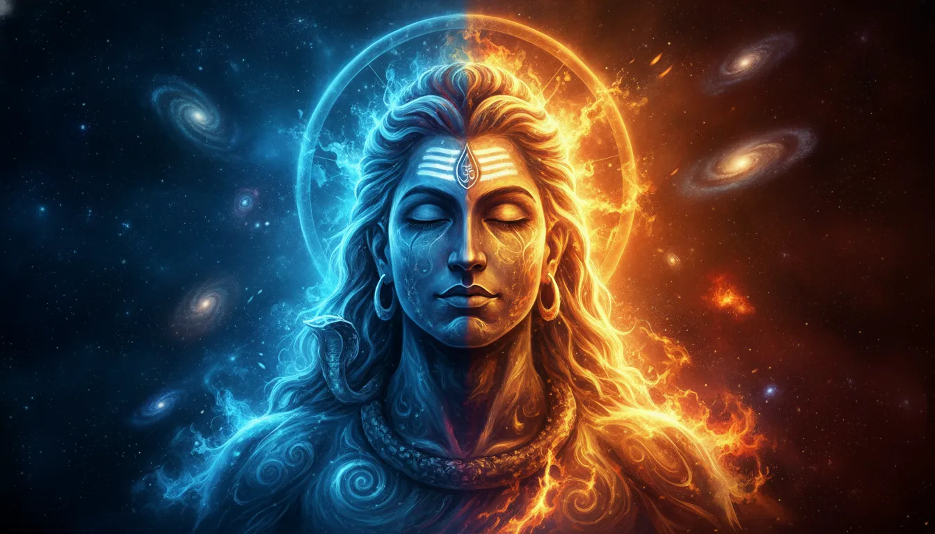 Abstract digital art of Lord Shiva where his left side is cool blue energy and his right side is fiery golden flames.