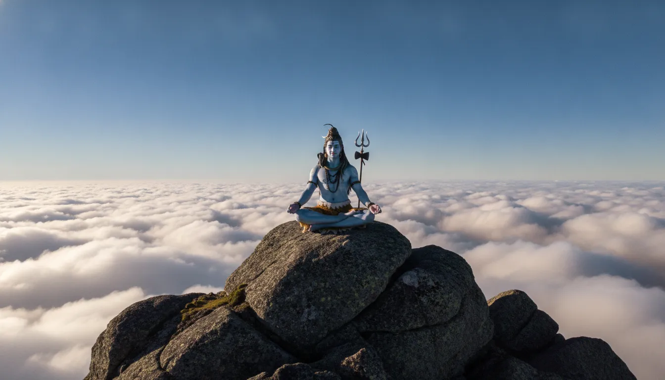 Lord Shiva sitting in meditation on a sharp mountain peak high above a vast sea of clouds.