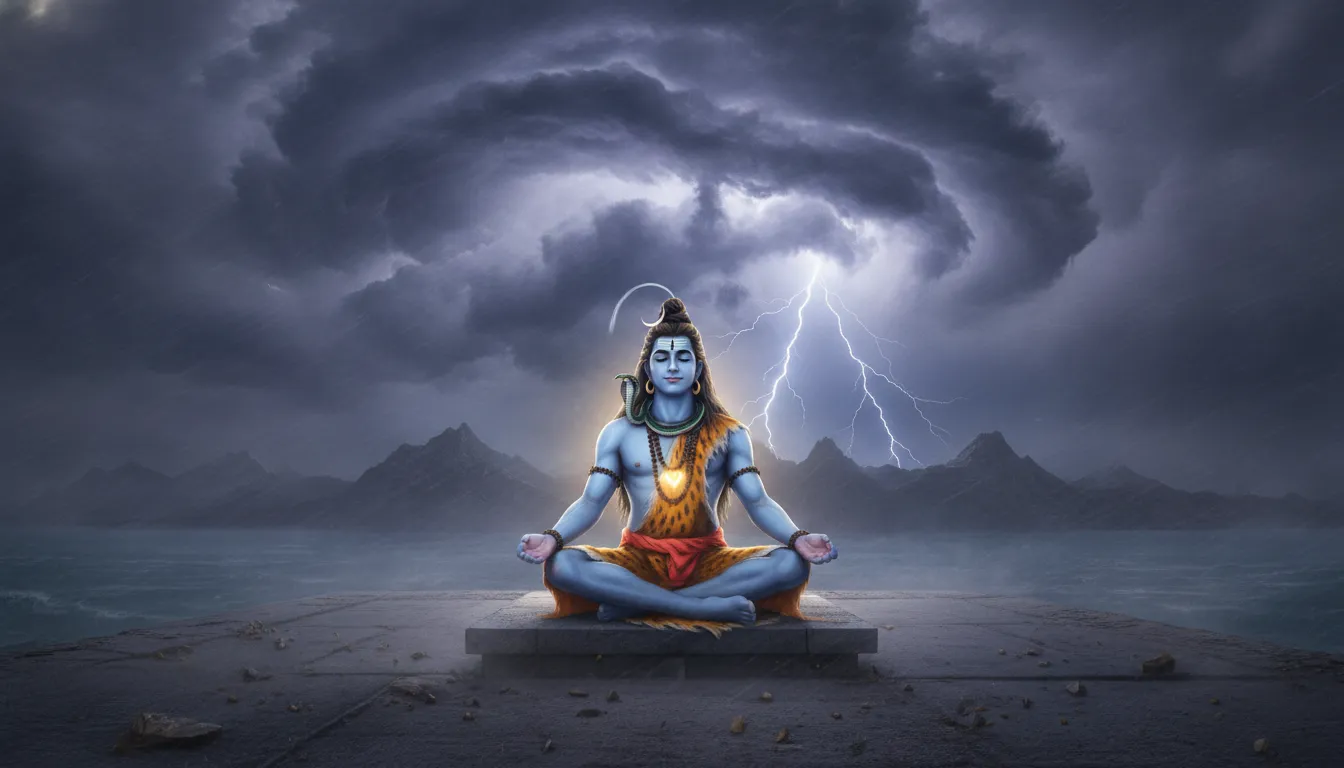 Lord Shiva remaining peaceful and still in meditation on a mountain top while dark storm clouds gather around him