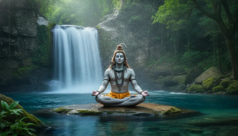Lord Shiva practicing deep meditation next to a powerful rushing mountain waterfall under a calm sky.