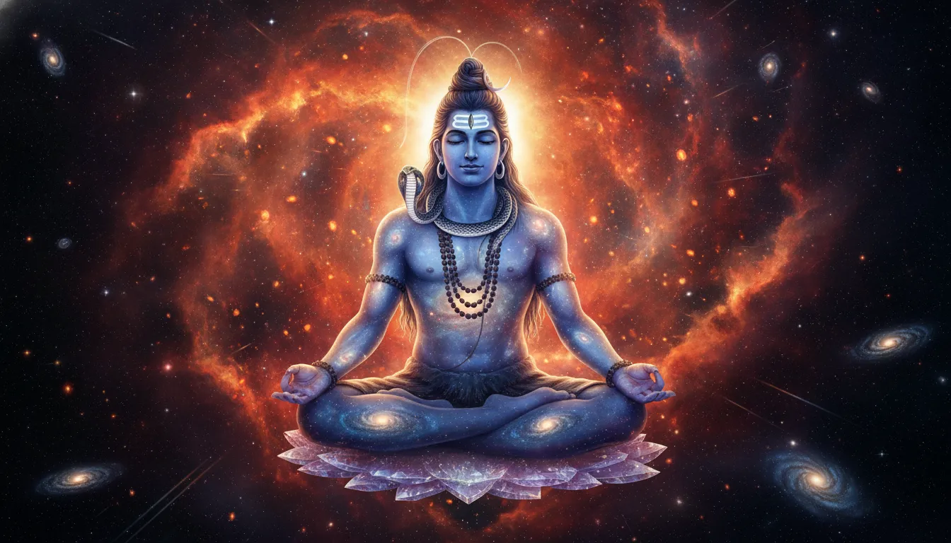 Lord Shiva sitting calmly in deep space with vibrant orange star clusters and fiery cosmic clouds around him.