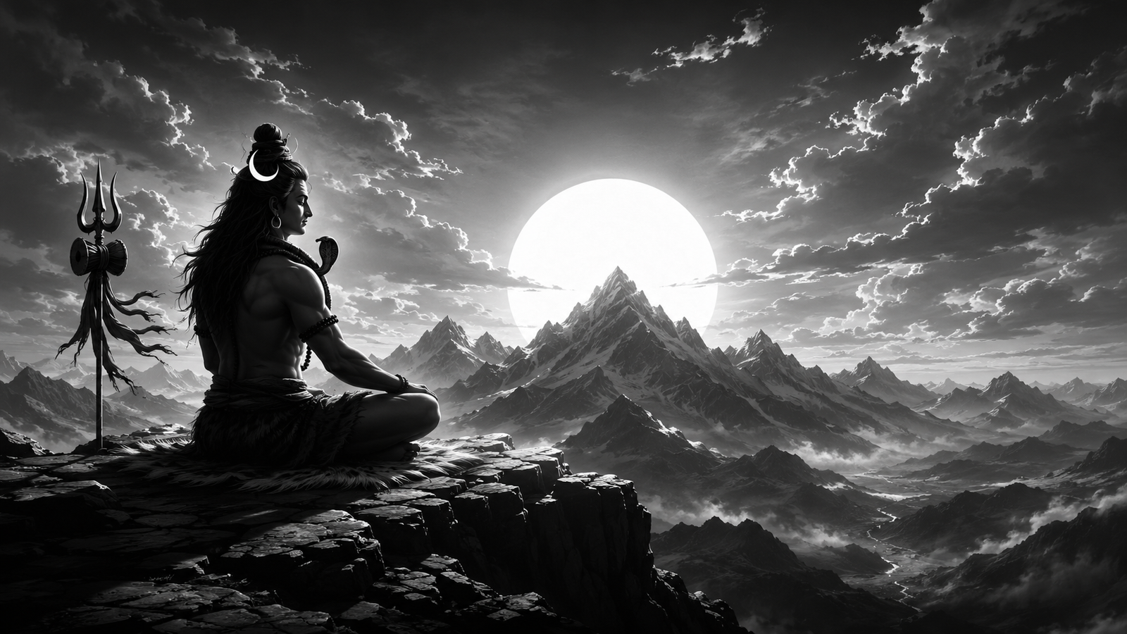 A dramatic black and white drawing of Lord Shiva meditating as a large sun sets behind dark mountains.