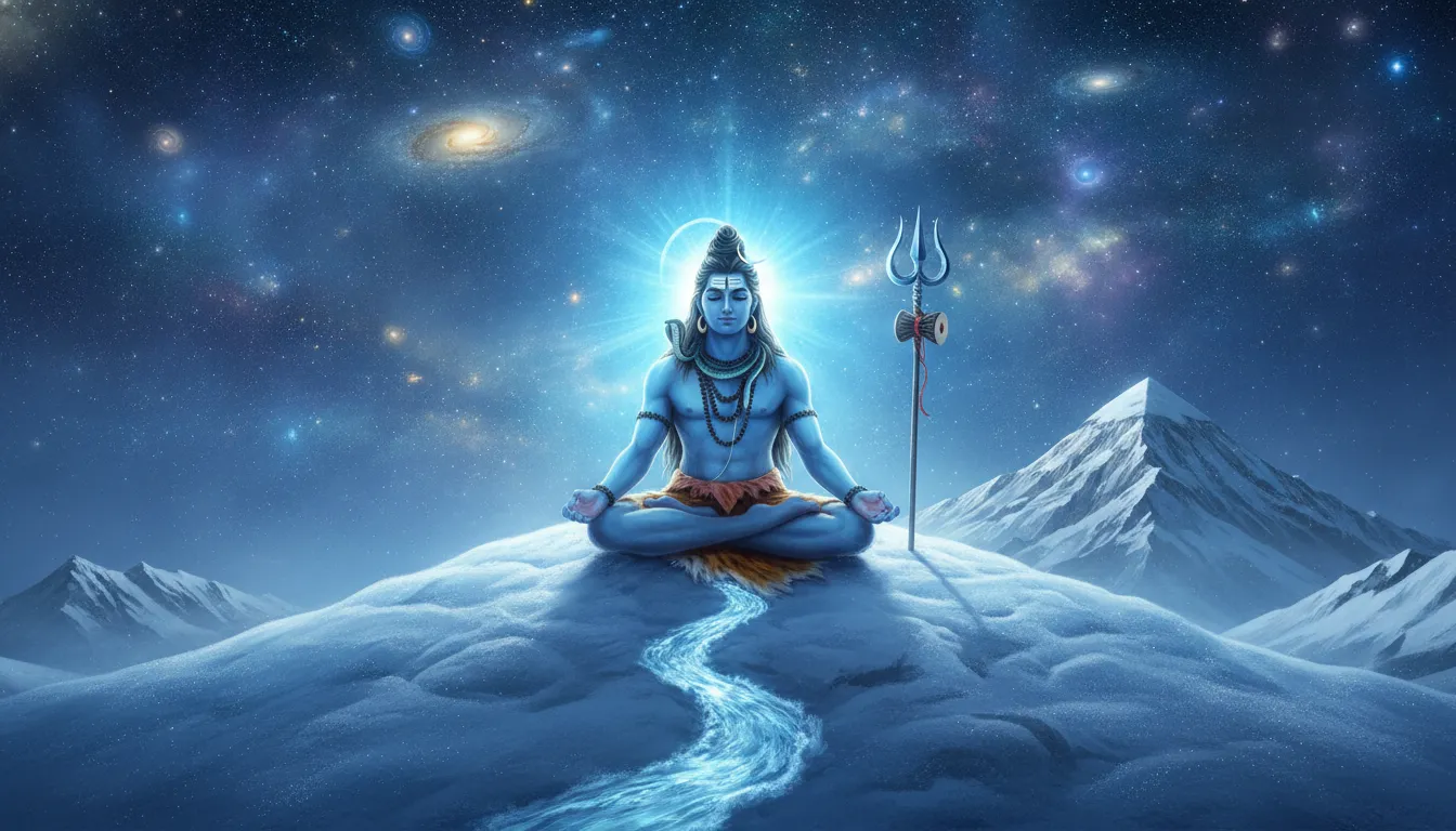 Lord Shiva meditating in the snow-covered Himalayan mountains with a glowing aura.