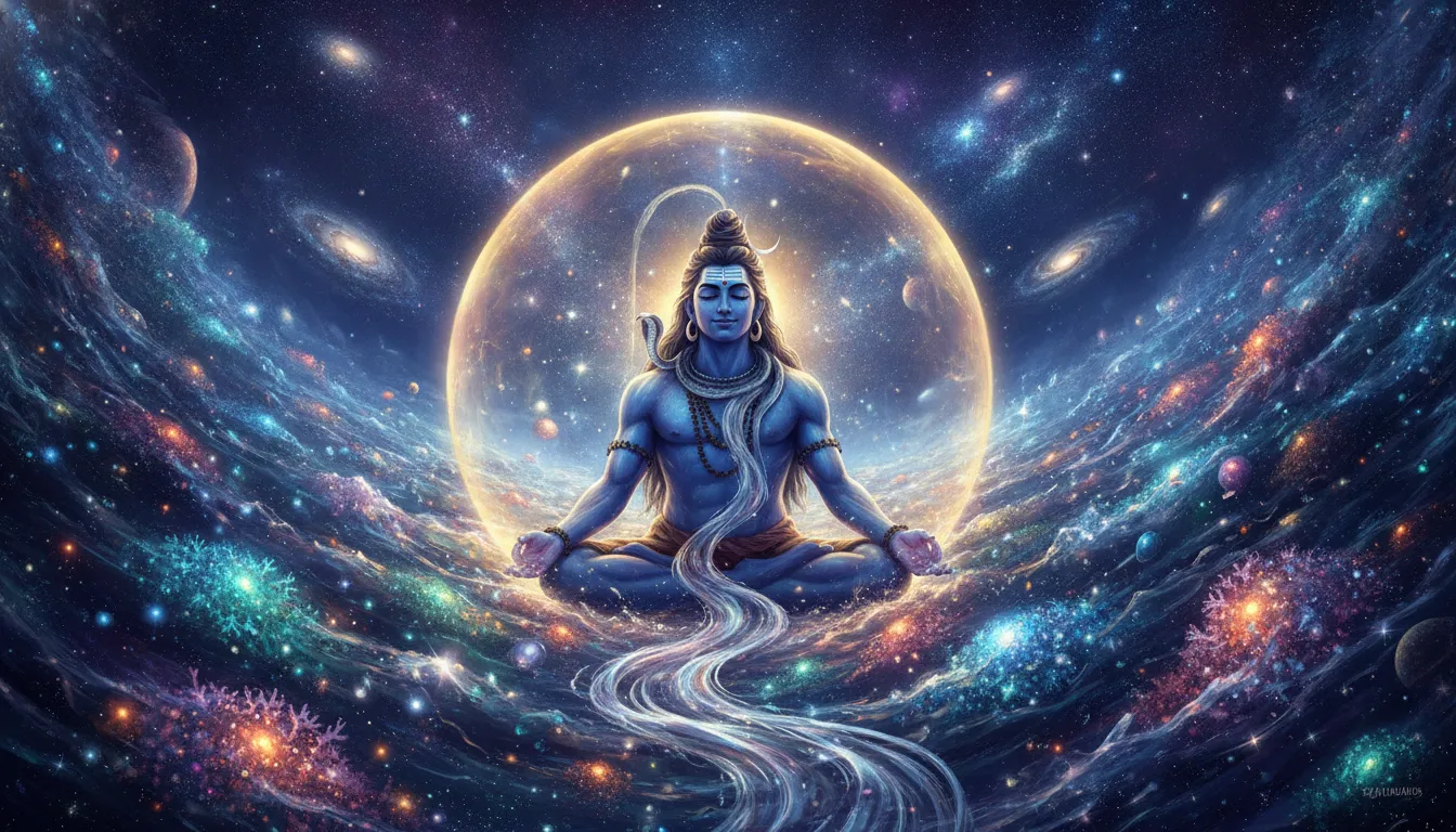 Lord Shiva sitting in meditation at the bottom of a cosmic ocean surrounded by glowing aquatic stars.