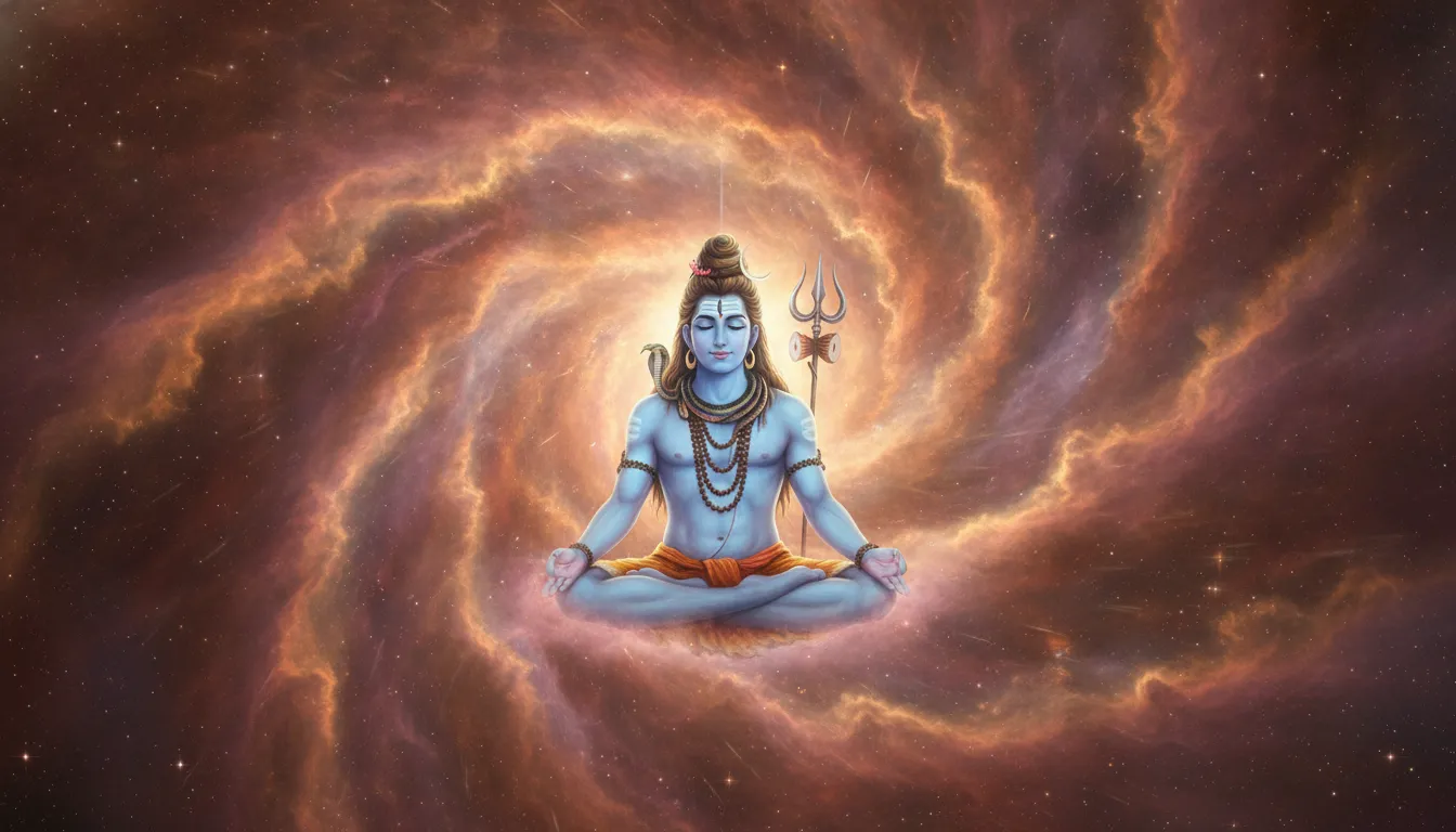 Lord Shiva sitting peacefully in deep meditation surrounded by warm orange and gold nebular clouds.