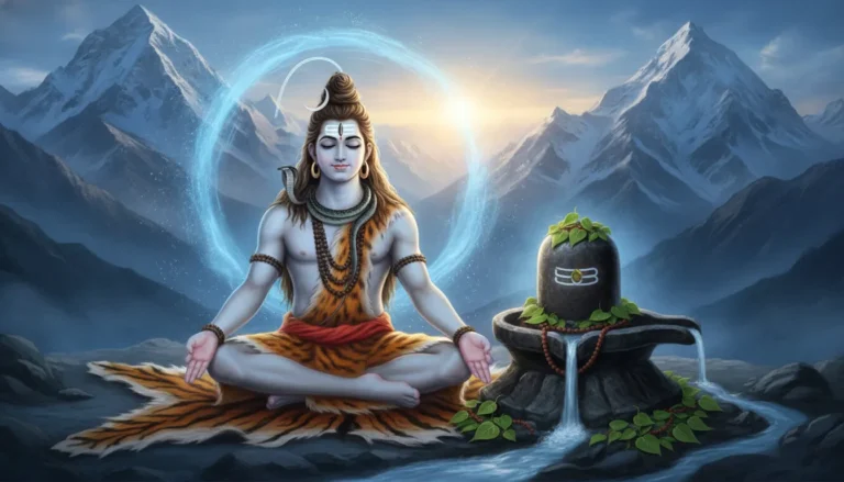 Lord Shiva sitting in a meditative posture next to a glowing stone Shivling in the snow-covered Himalayan mountains at dawn.