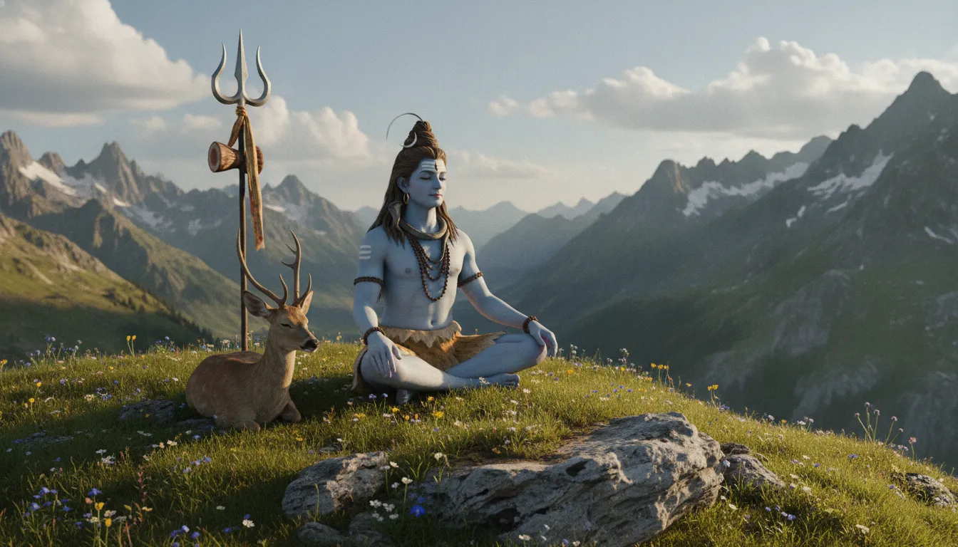 Lord Shiva meditating on a green mountain meadow peak with a calm deer resting near his Trishul.
