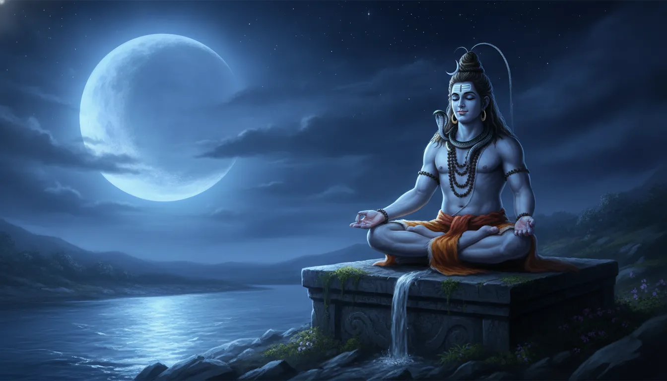 Lord Shiva sitting in meditation near a flowing river under a bright blue moon.