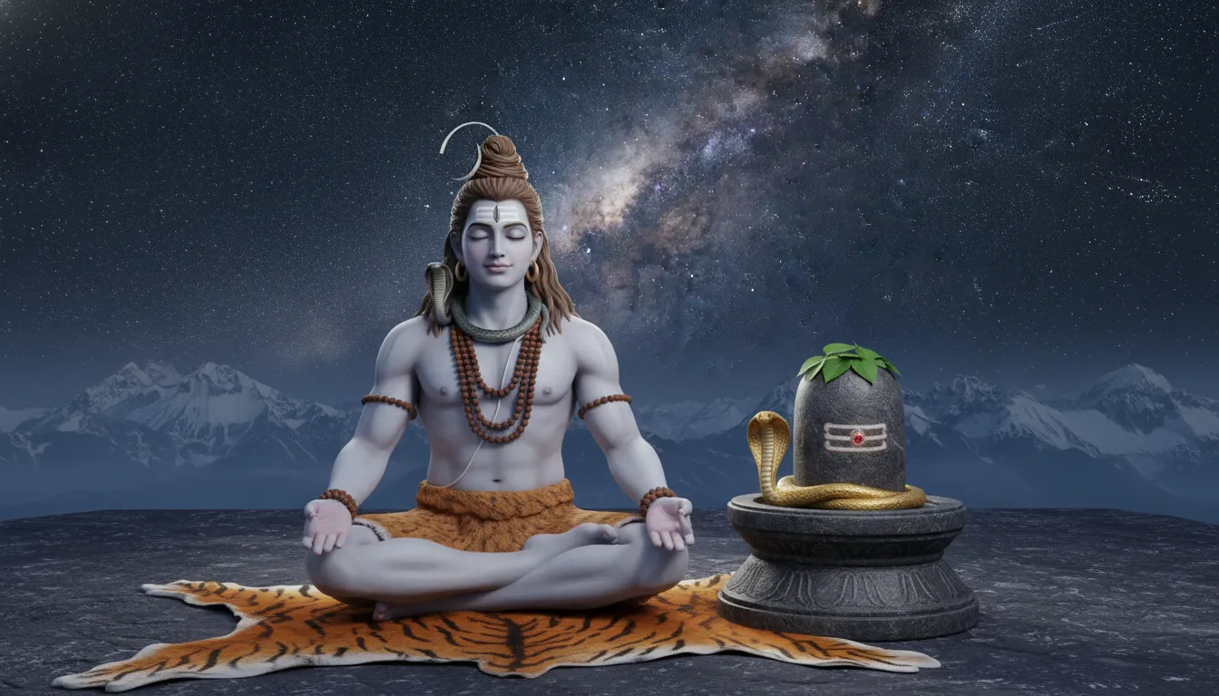 3D digital art of Lord Shiva meditating peacefully next to a glowing sacred Shivling in the Himalayas.