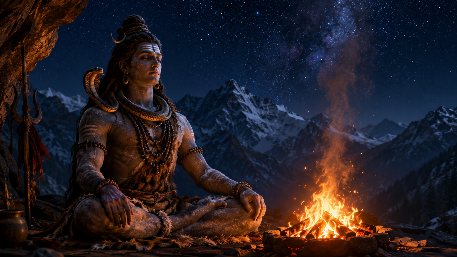 Lord Shiva meditating deeply next to a sacred ritual fire under a starry night sky.