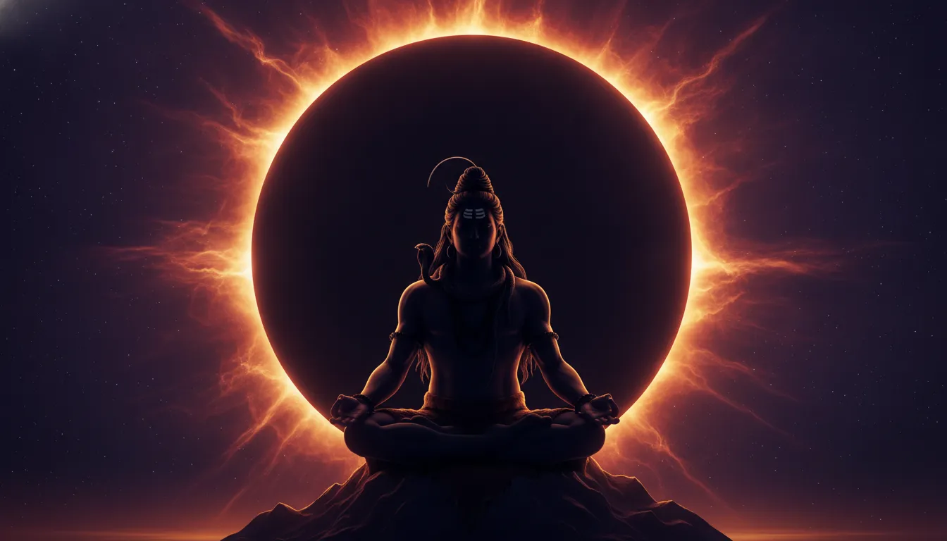 Lord Shiva sitting in meditation directly in front of a brilliant solar eclipse in deep space.