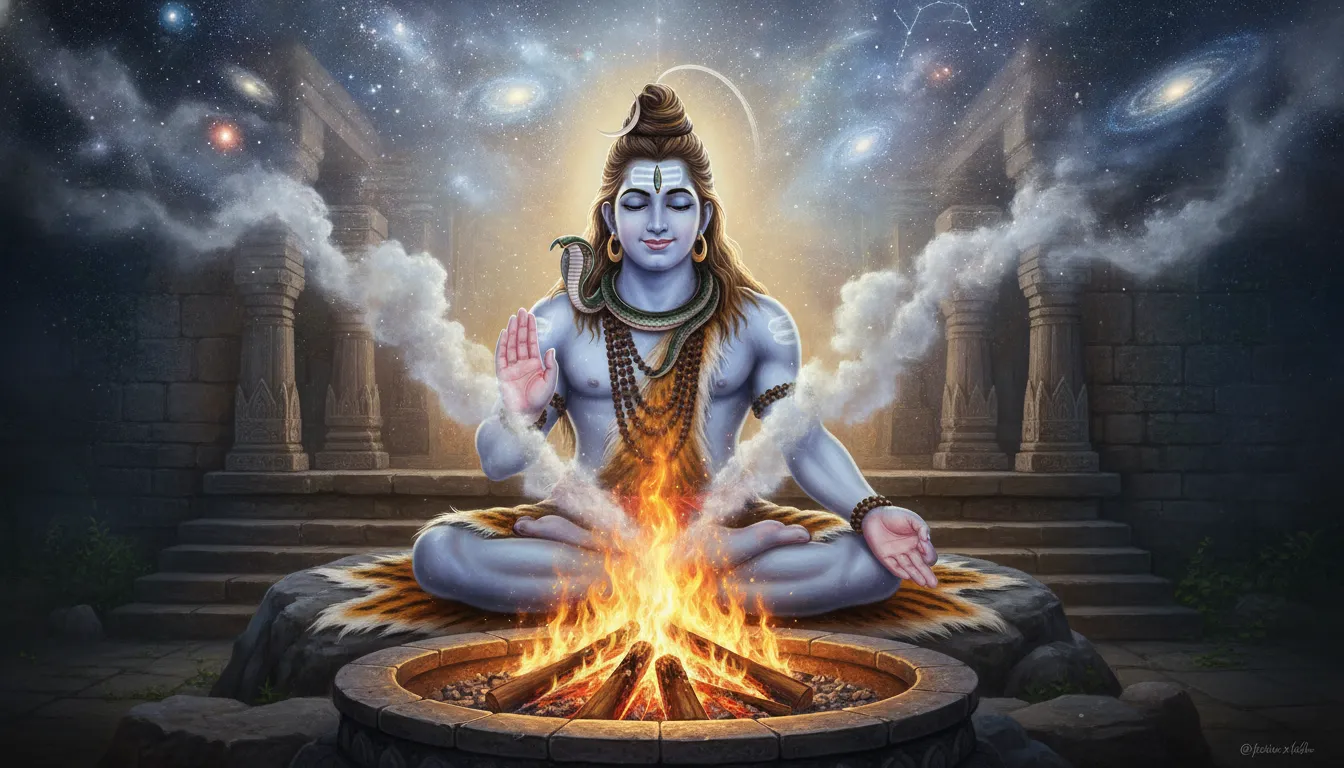 Lord Shiva sitting behind a sacred Vedic fire altar with smoke turning into cosmic stars.