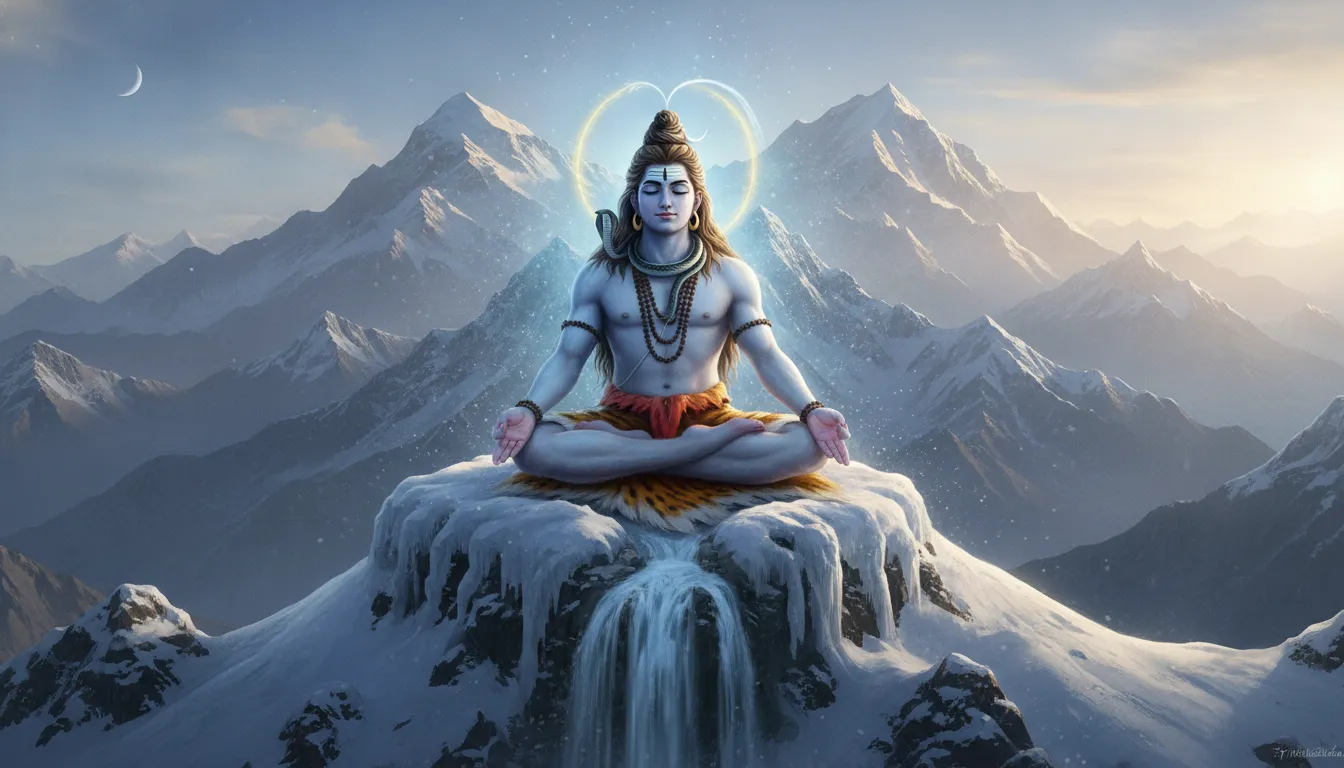 Lord Shiva meditating peacefully in the snow-covered Himalayan mountains with a glowing aura.