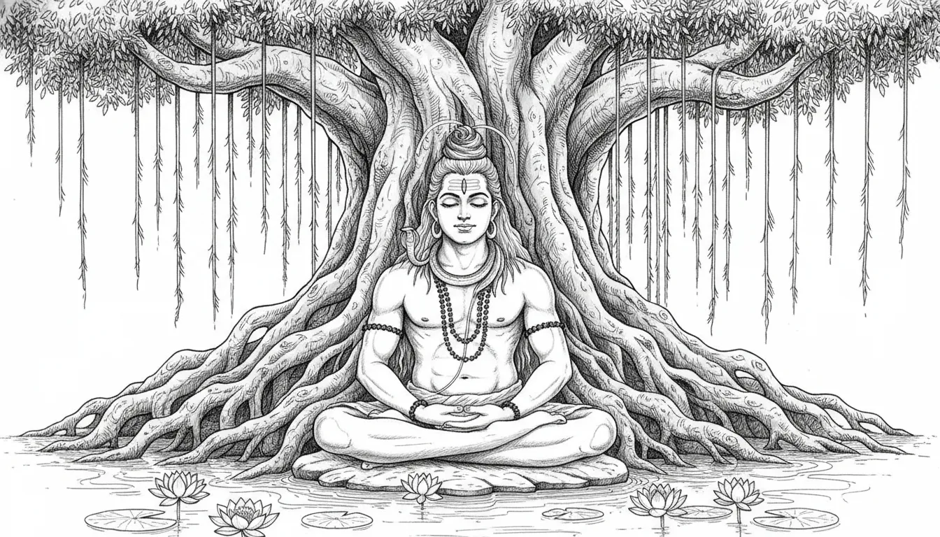 A fine line ink drawing of Lord Shiva meditating under the sweeping roots of an ancient banyan tree.