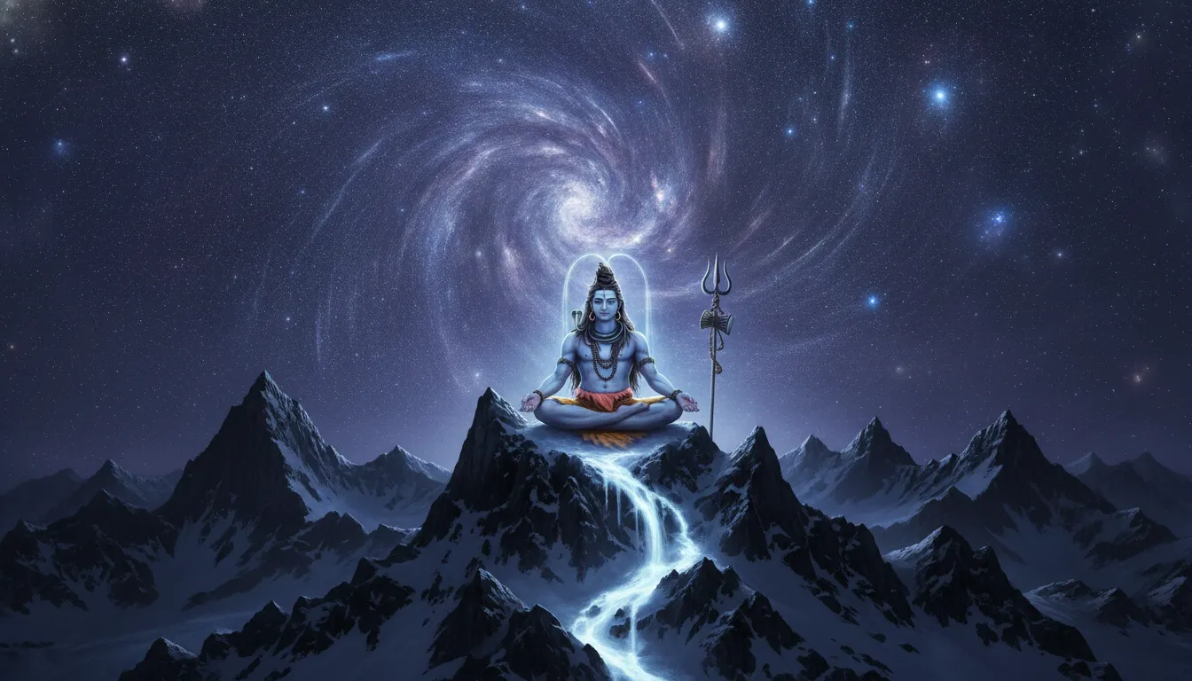 Lord Shiva sitting in meditation on a dark mountain peak under a starry night sky with the Milky Way visible.