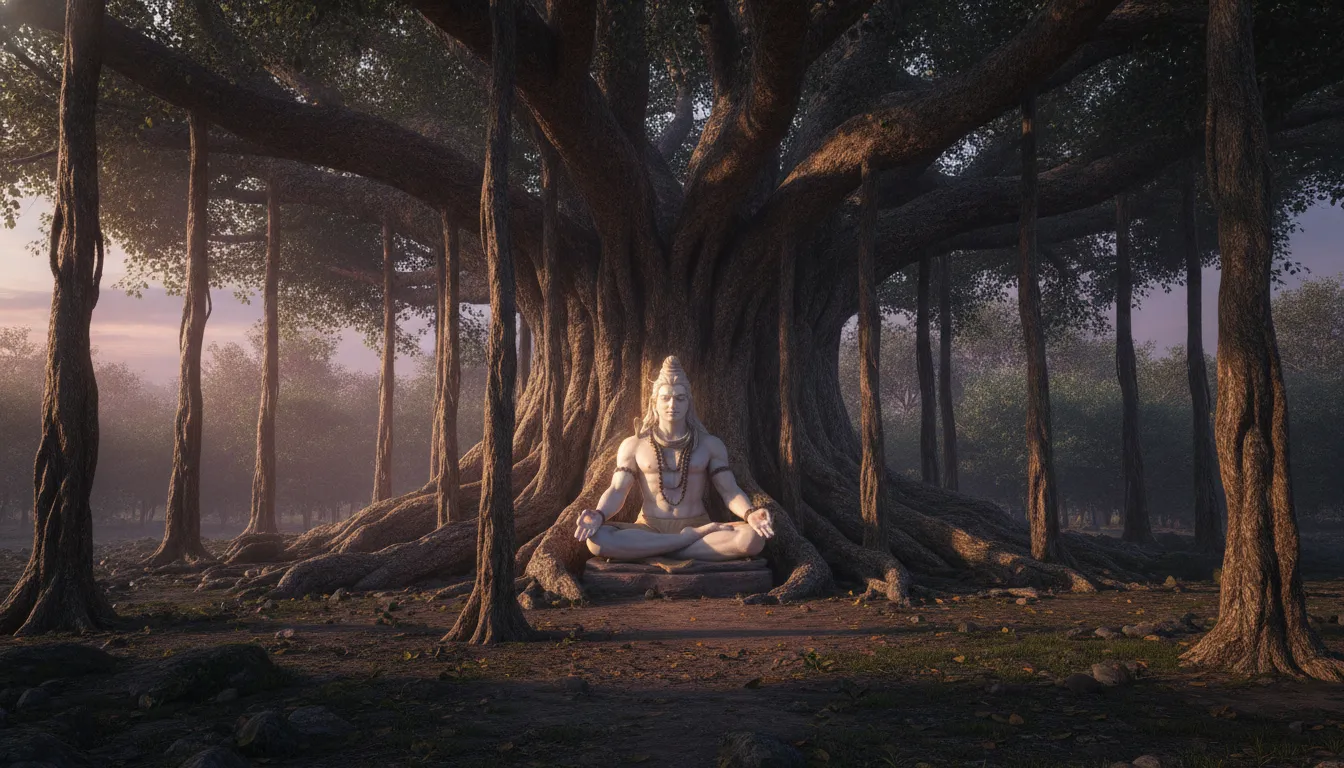 Lord Shiva sitting beneath a massive banyan tree with hanging roots in deep meditation.