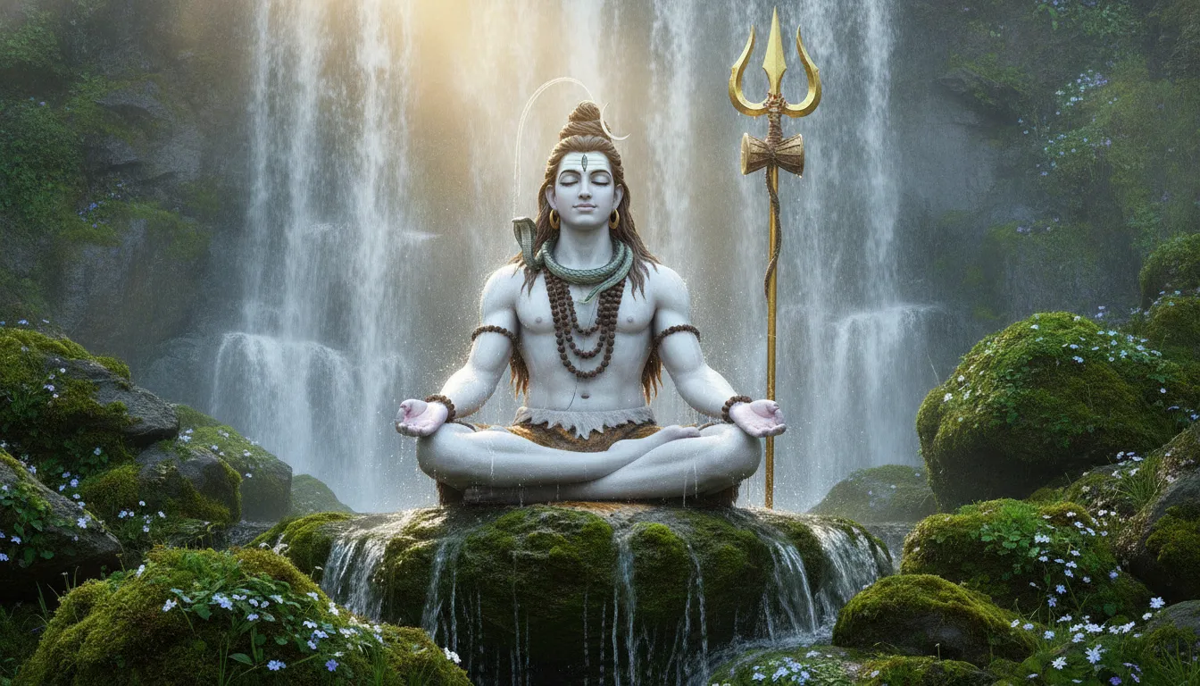Lord Shiva sitting in deep meditation with water from a waterfall cascading over his head and shoulders.