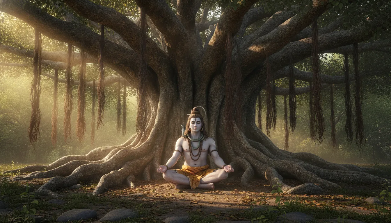 Lord Shiva sitting in cross-legged meditation underneath the roots and wide branches of an ancient Banyan tree.