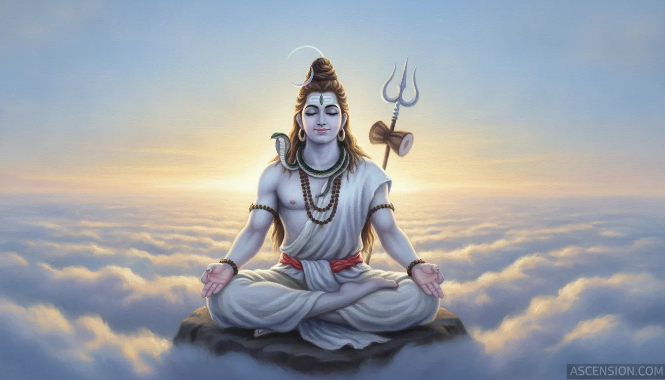 Lord Shiva sitting peacefully above soft blue and golden morning clouds as the sun rises.