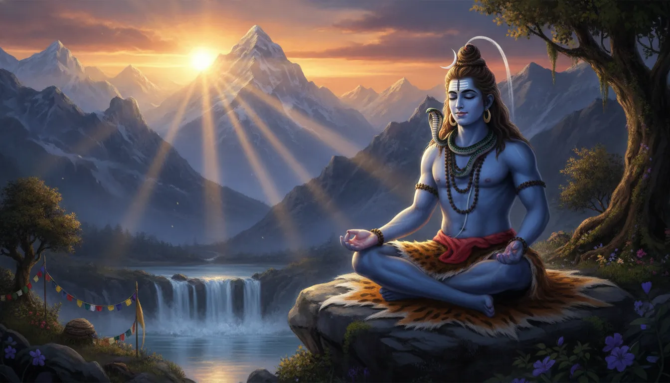 Lord Shiva meditating on a mountain peak as the golden rays of the sunrise illuminate his divine form.