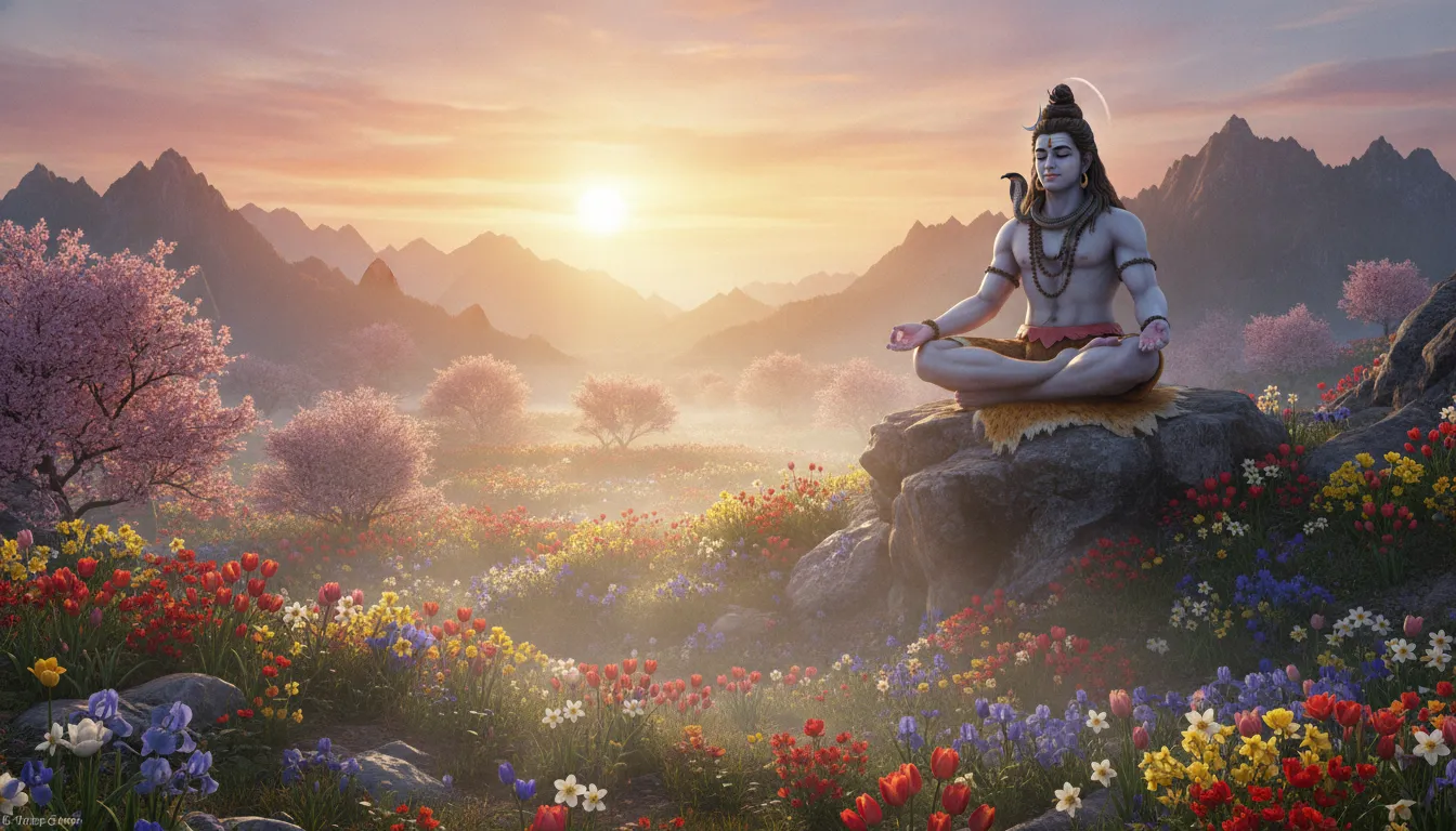 Lord Shiva meditating during a beautiful spring sunrise with orange and purple skies over a blooming valley.