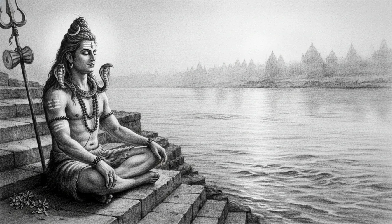 A realistic pencil sketch of Lord Shiva meditating on the stone ghats of the holy River Ganga.