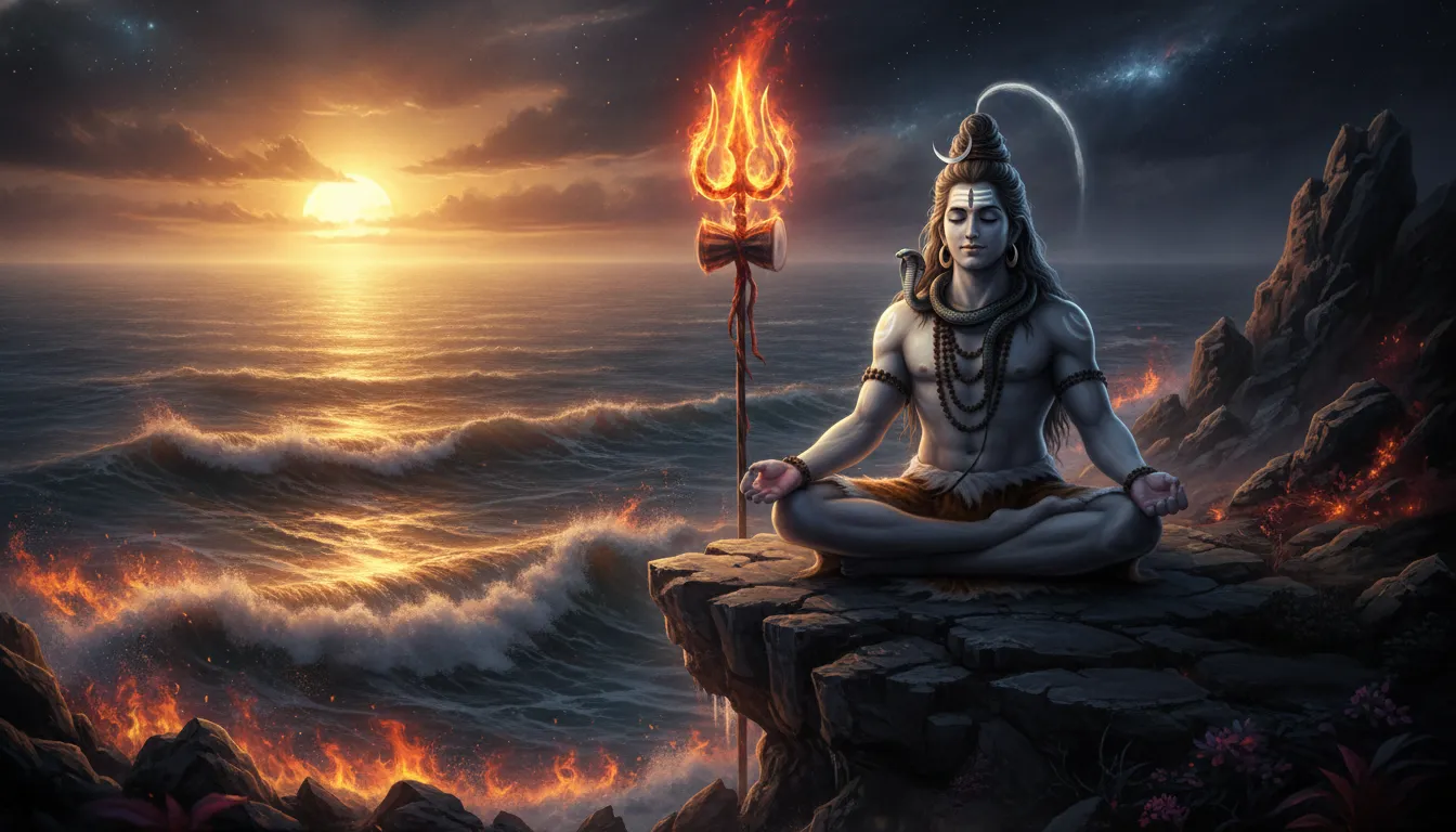 Mahadev sitting in meditation on a rocky cliff beside a burning, glowing cosmic ocean.