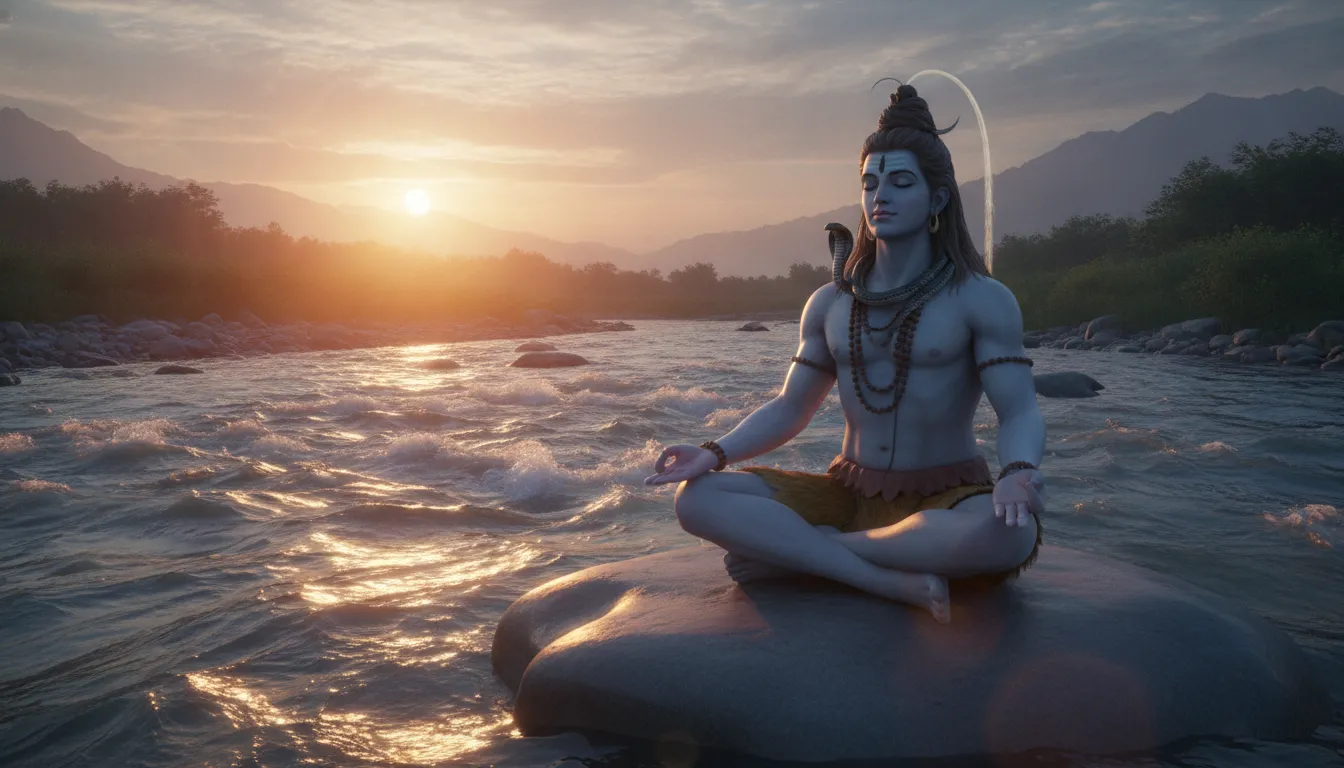 Lord Shiva sitting on a stone riverbank meditating as the sacred Ganges river flows by.