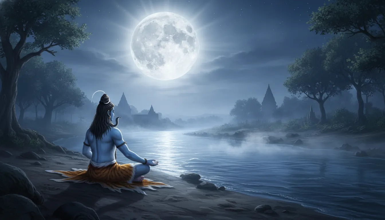 Lord Shiva sitting in deep meditation on a tiger skin beside the flowing Ganges river under moonlight.