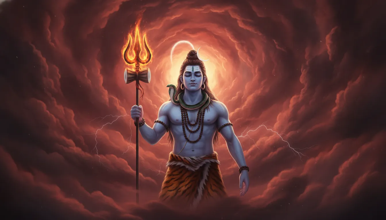 Lord Shiva meditating inside a vortex of burning red and orange storm clouds.