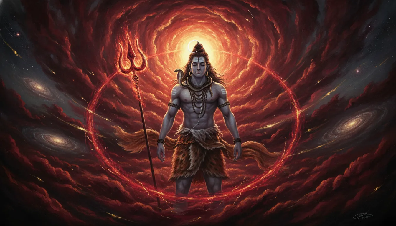 Lord Shiva meditating inside a vortex of burning red and orange storm clouds.