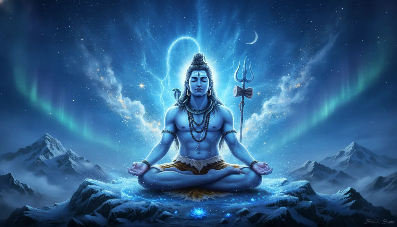 Lord Shiva in deep meditation surrounded by a glowing blue cosmic energy aura