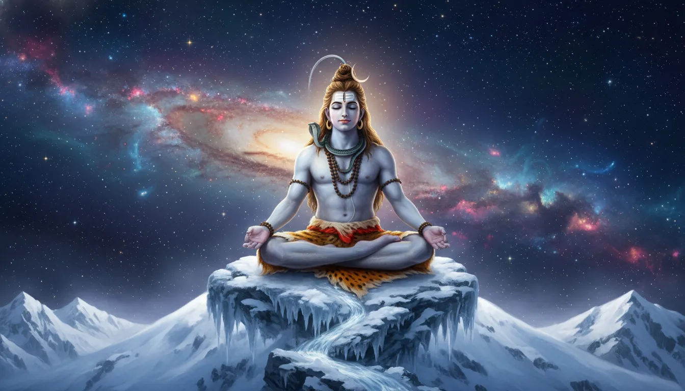Har har mahadev cover photo showing Lord Shiva meditating in the cosmic universe with stars.